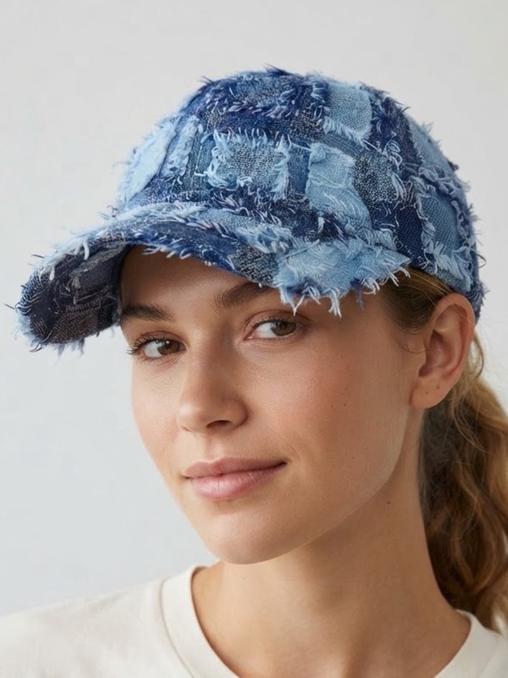 Women’s Distressed Patchwork Denim Cap - Blue